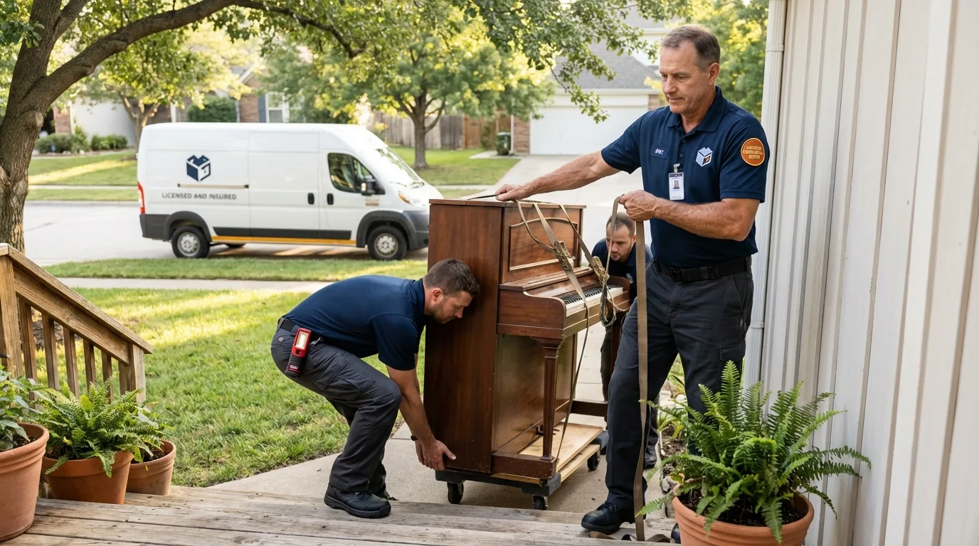 Licensed piano movers securing grand piano in Wheat Ridge, CO