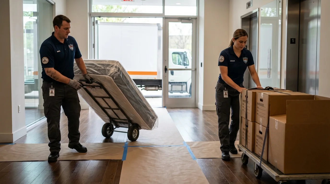 Professional apartment movers loading elevator in Wheat Ridge, CO